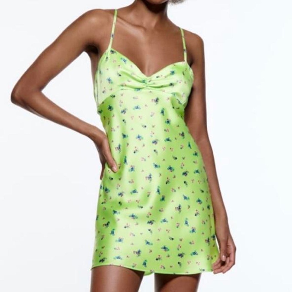 NWT Zara Lime Green Satin Effects Mini Dress Sz Small